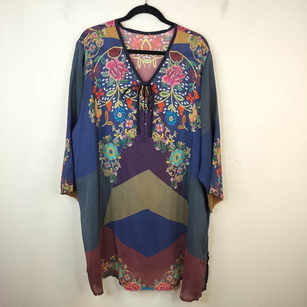 Johnny Was Ludios Tunic 3X Womens Floral Boho Geometric Cupro Tie Front